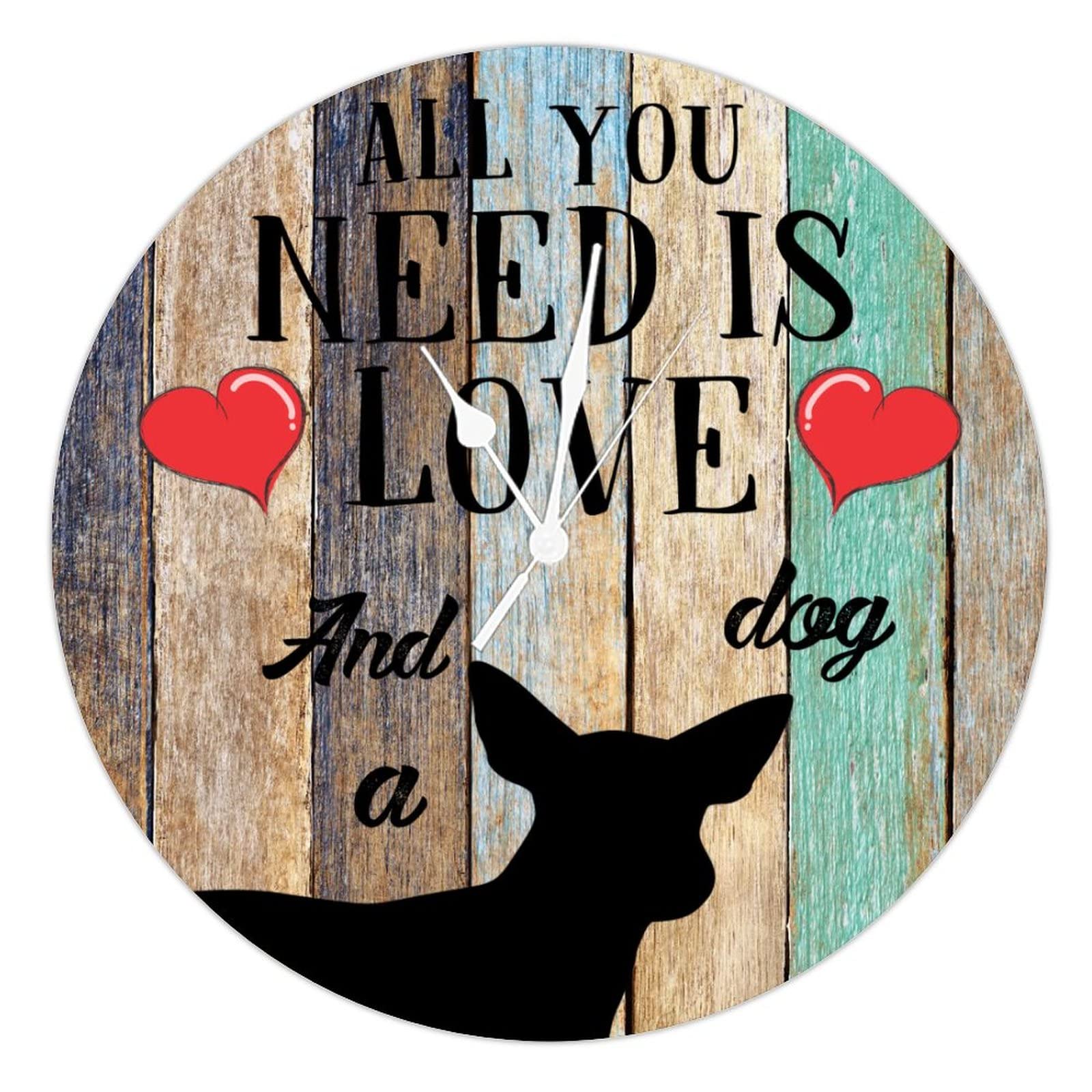Horloge ronde en bois style vintage avec silhouette de chiot et cadran 38 cm