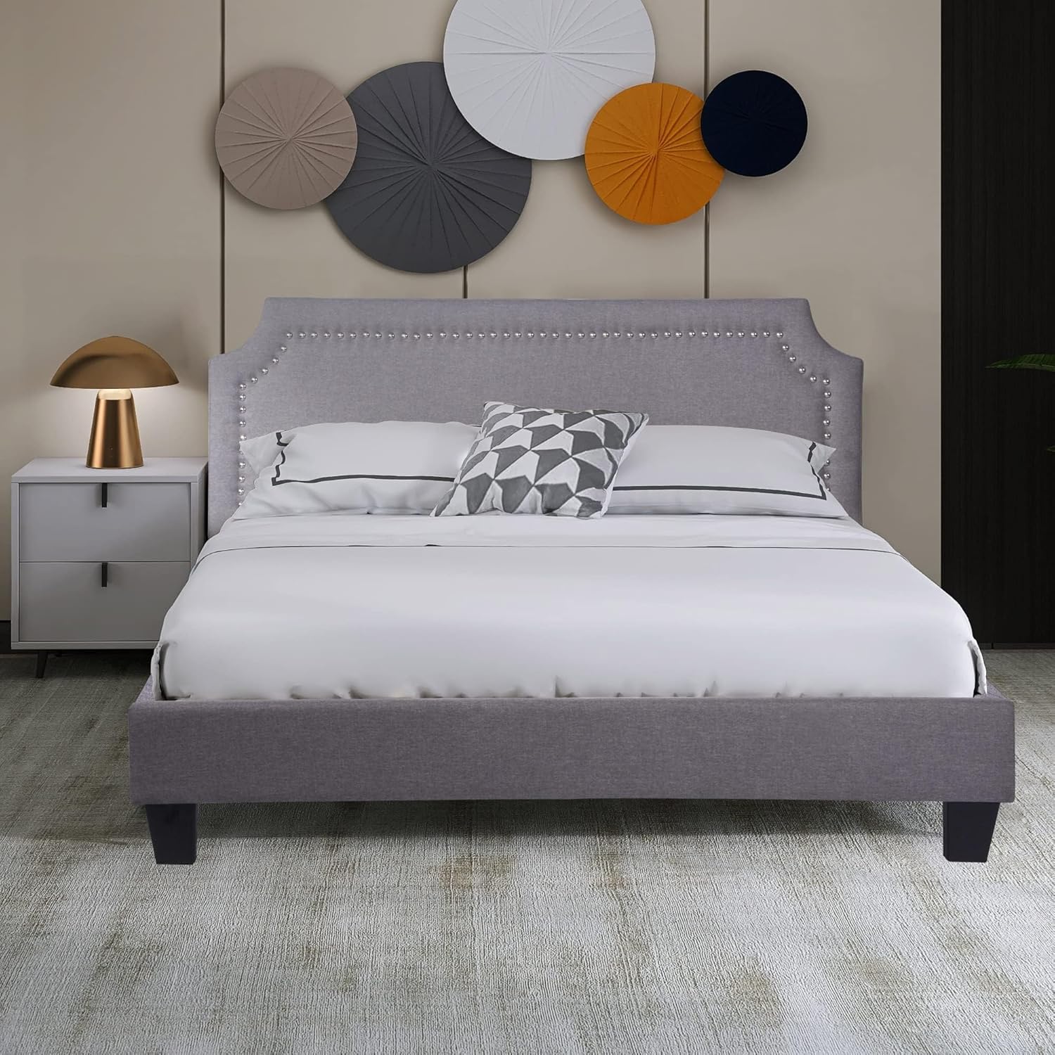 Upholstered Queen Bed Frame with Headboard, Bed Frame Queen Size, Mid-Century Style, Wooden Slats with Velcro Design, No Box Spring Needed, Mattress Foundation for Bedroom