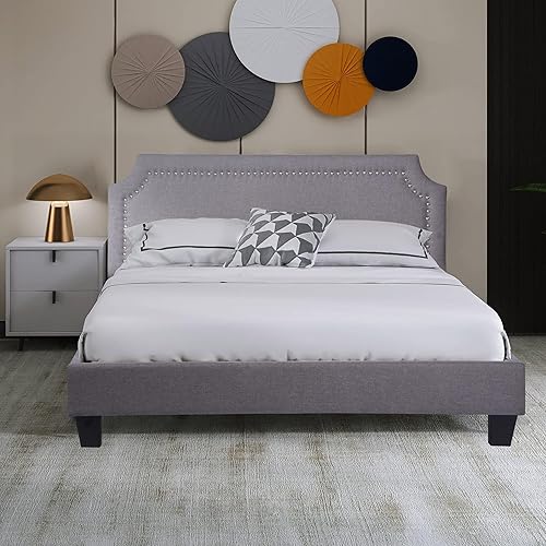 Base de cama tapizada de 14 pulgadas con soporte de listones de madera, no necesita somier, color gris oscuro (Queen)