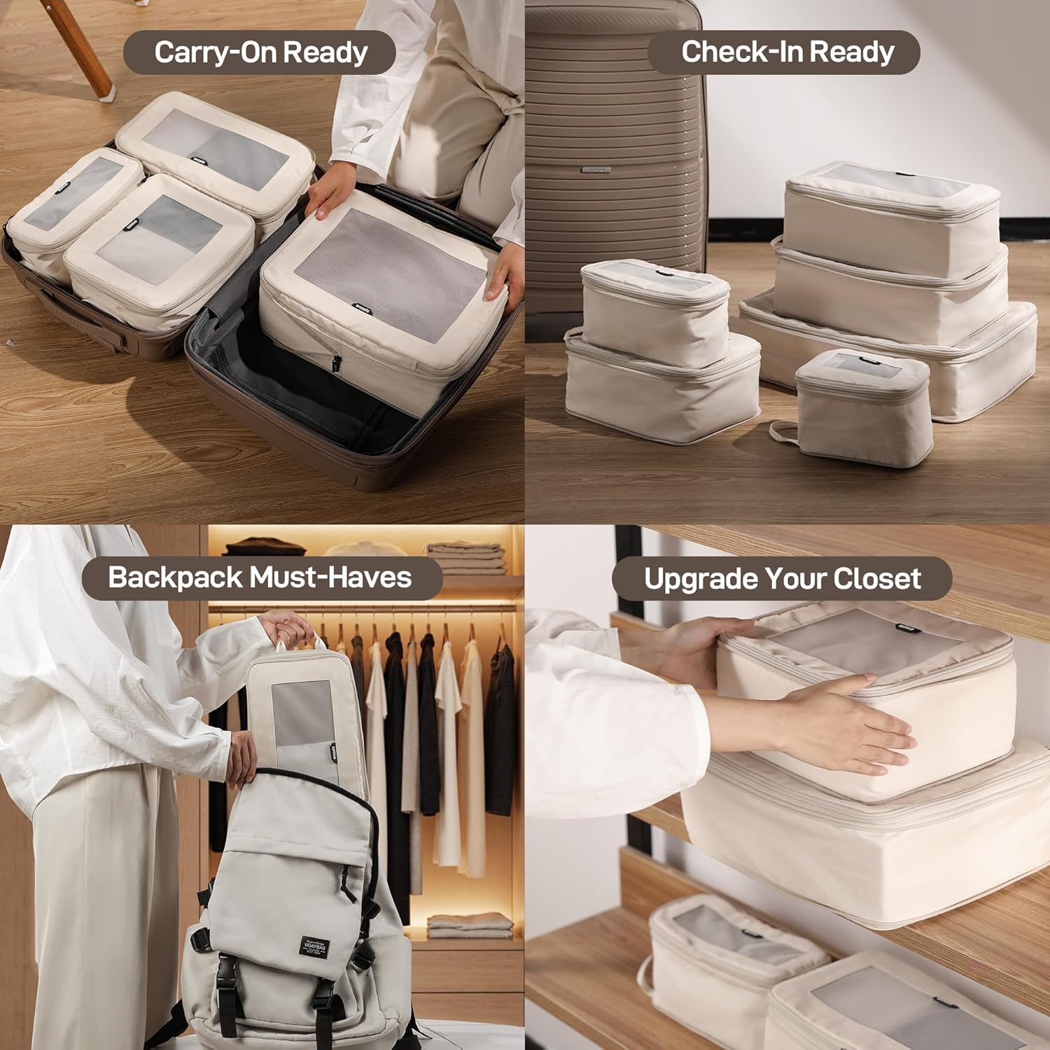 EPICKA TripCozy Compression Packing Cubes - 4 Set Durable Travel Organizer Bags with Mesh Top, Expandable Travel Accessories for Carry on, Luggage, Suitcase, Backpack (Beige) - Image 6
