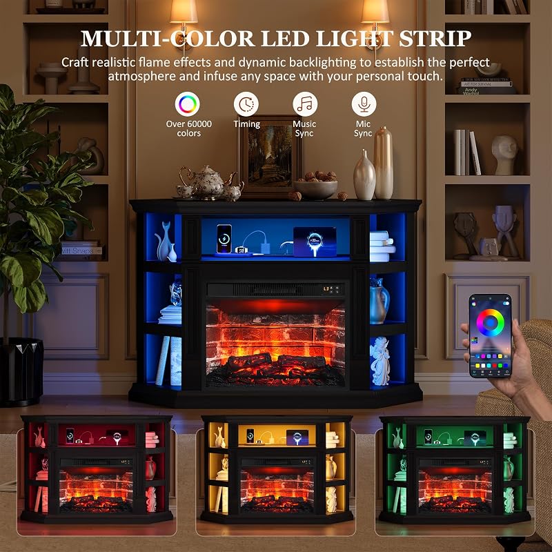 HolliWill 47" Corner Fireplace TV Stand with Outlet/LED Lights, White/Brown image 6
