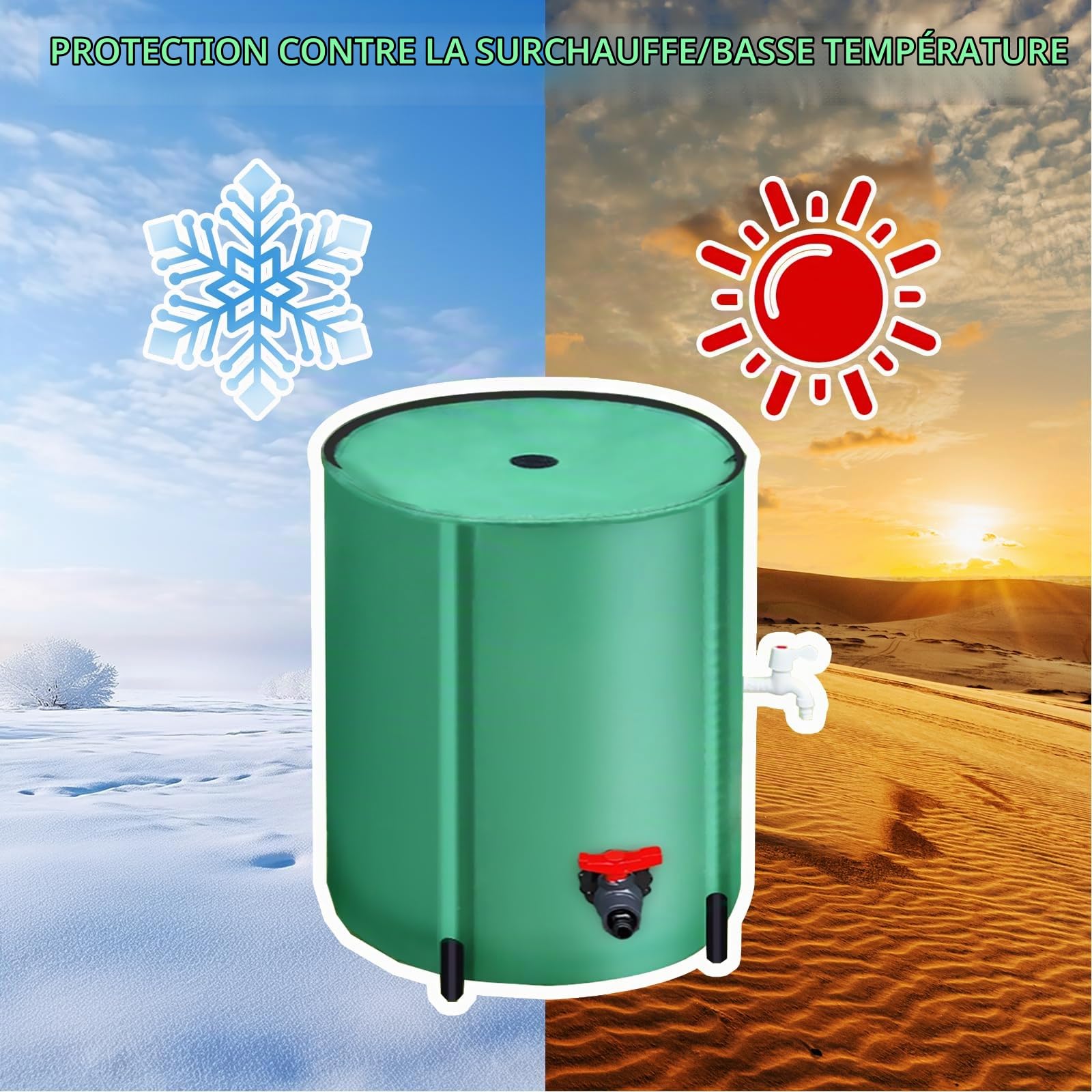 Seau à Pluie, 200L Récupérateur D'eau de Pluie Pliable Réservoir Eau Portable avec Couvercle Sortie D'eau Filtre à Mailles et 2 Robinets Reservoir Eau Vert pour Jardin avec Protection Anti-Débordement