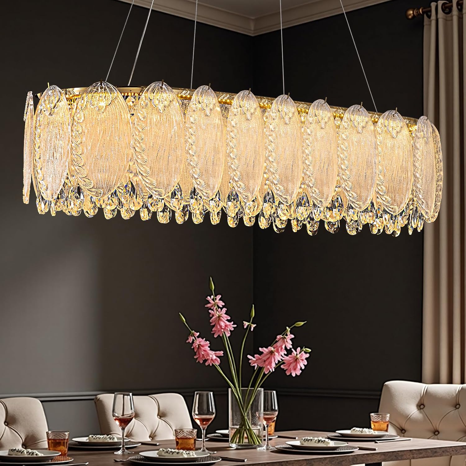 Modern Gold Rectangle Chandeliers for Dining Room Kitchen Island Light Fixture, Water Ripple Crystal Glass LED Chandelier for Living Room, 2700K-6000K