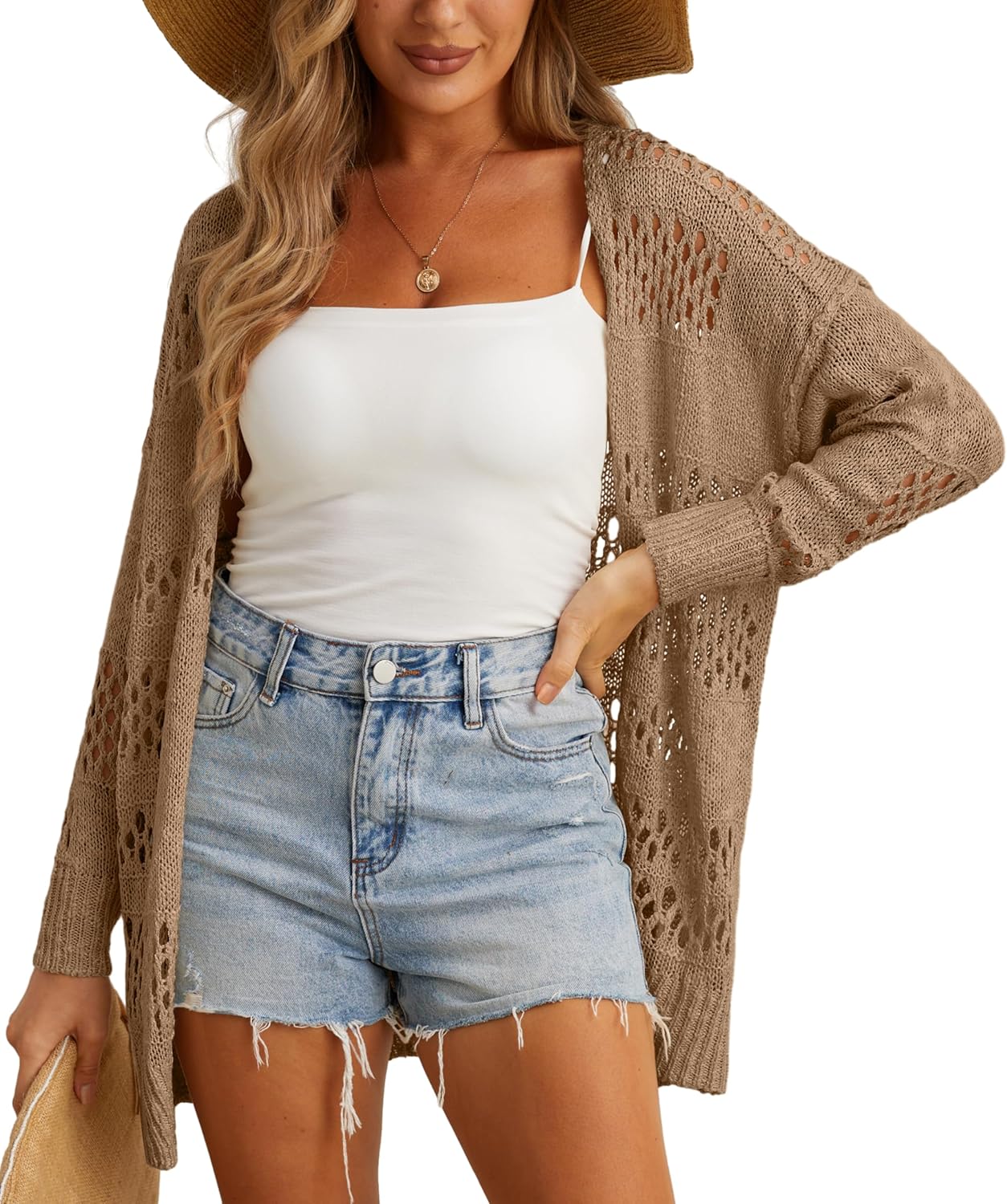 GRECERELLE 2025 Women Summer Crochet Boho Long Sleeve Lightweight Oversized Open Front Cardigan Sweaters Kimonos Tops