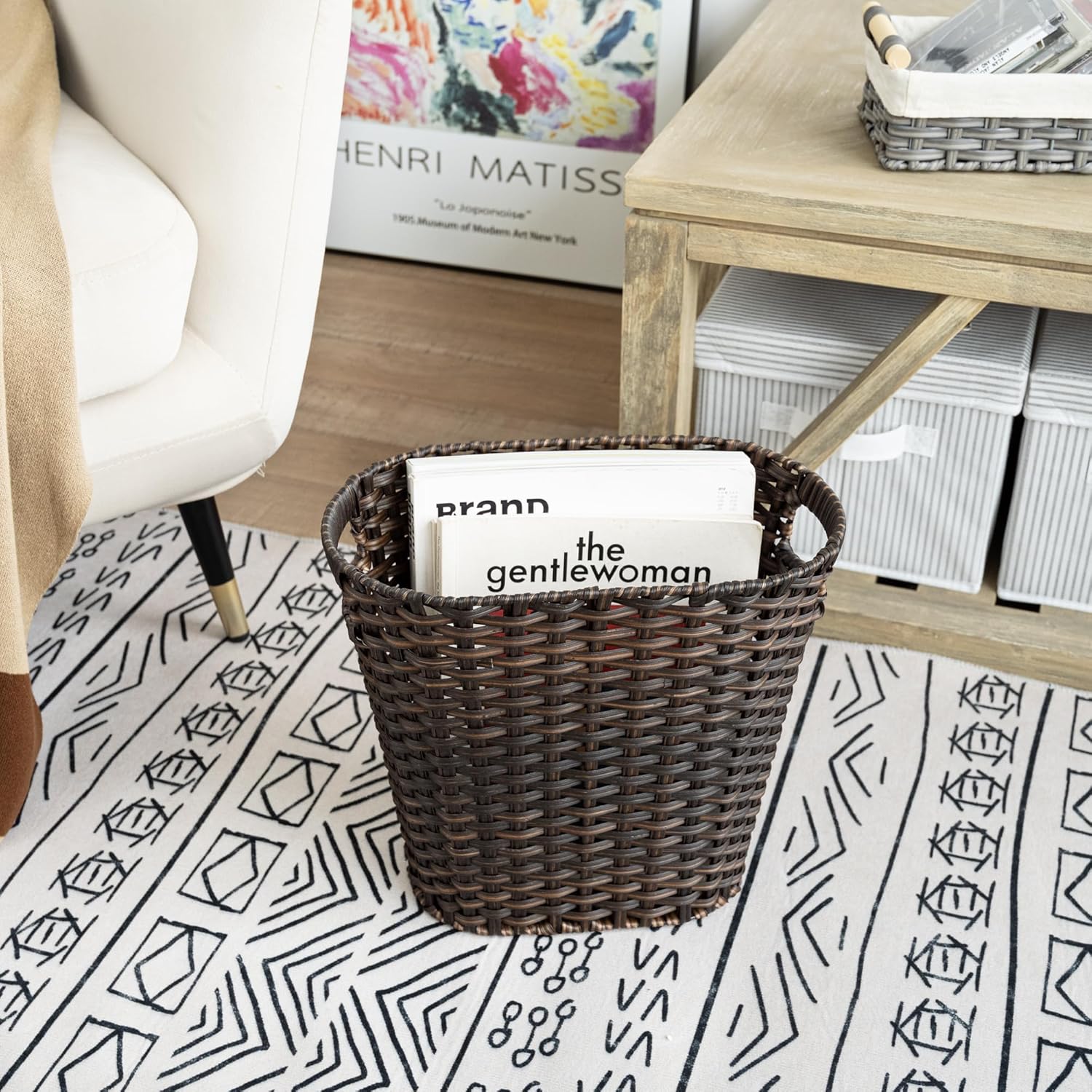 GRANNY SAYS Bundle of 1-Pack Small Trash Can Dark Brown & 1-Pack Wicker Bathroom Wastebaskets Gray