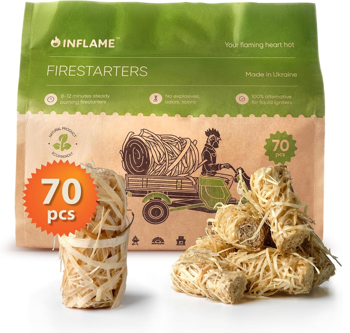 Inflame Fire Starters 70 pcs Fire Starters for Campfires, Grill, BBQ, Fireplace, Woodstove – Charcoal Starter – Waterproof, Weather-Resistant – Natural Wood Fireplace Starters