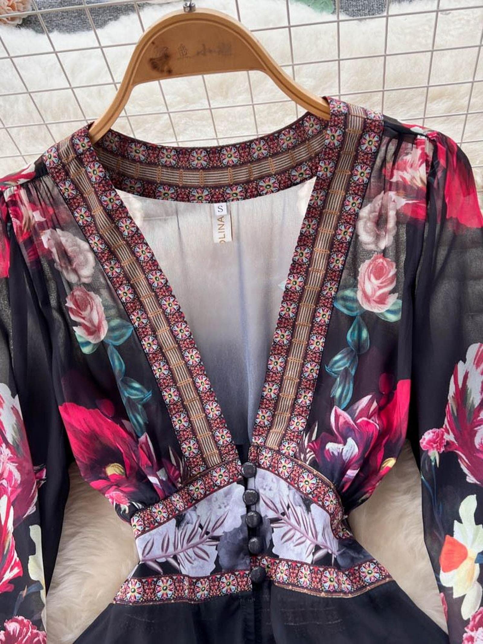 Vestito Donna Elegante Runway Gorgeous Flower Chiffon Cascading Ruffles Dress Women Deep V Neck Long Sleeve Floral Stampa Boho Robe Vestido-Beige,M