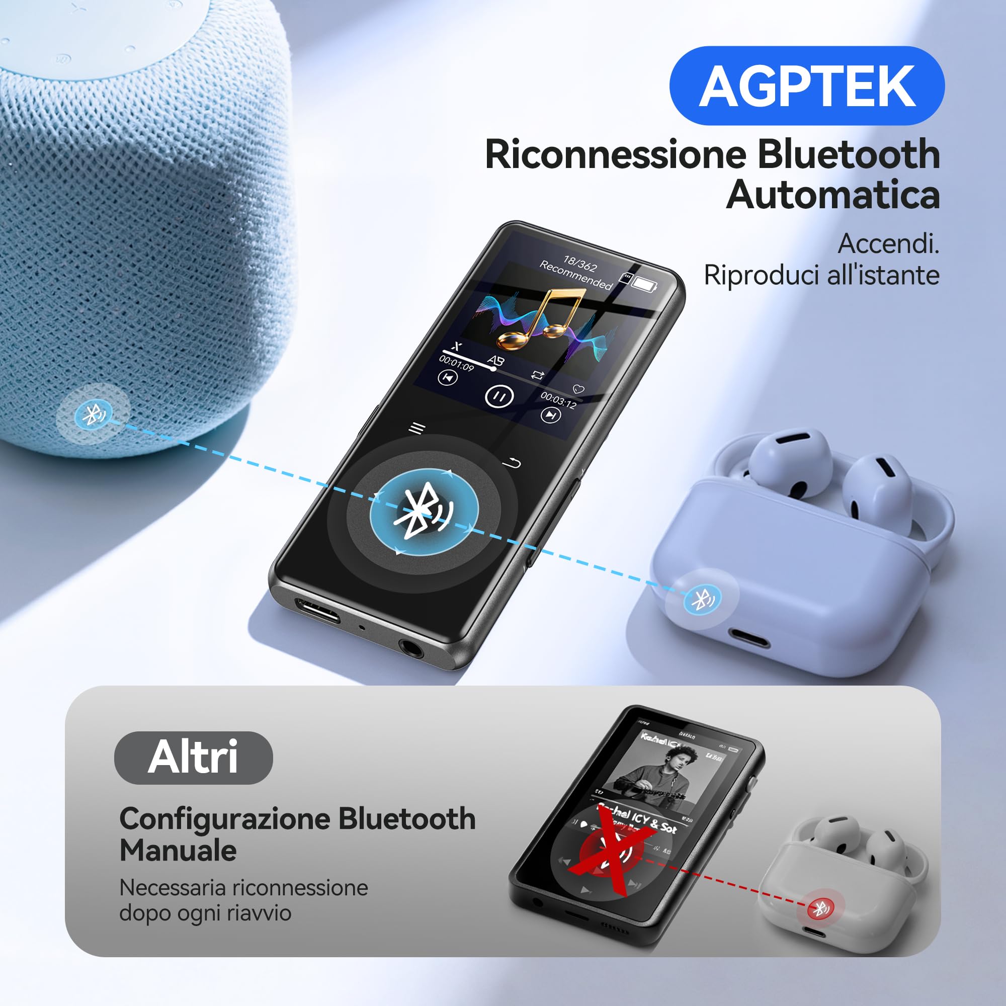 AGPTEK Nuovo MP3 Bluetooth 5.4, Senza Memoria, 1,8'' Lettore in Metallo con Tasti Tattili Retroilluminati, Suono HiFi con Altoparlante Radio, Portatile fino a 128GB (0GB)