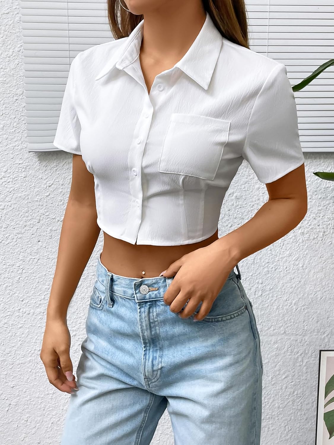 SHENHE Women's Short Sleeve Button Up Shirt Casual Collared Cropped Button Down Top - Image 3