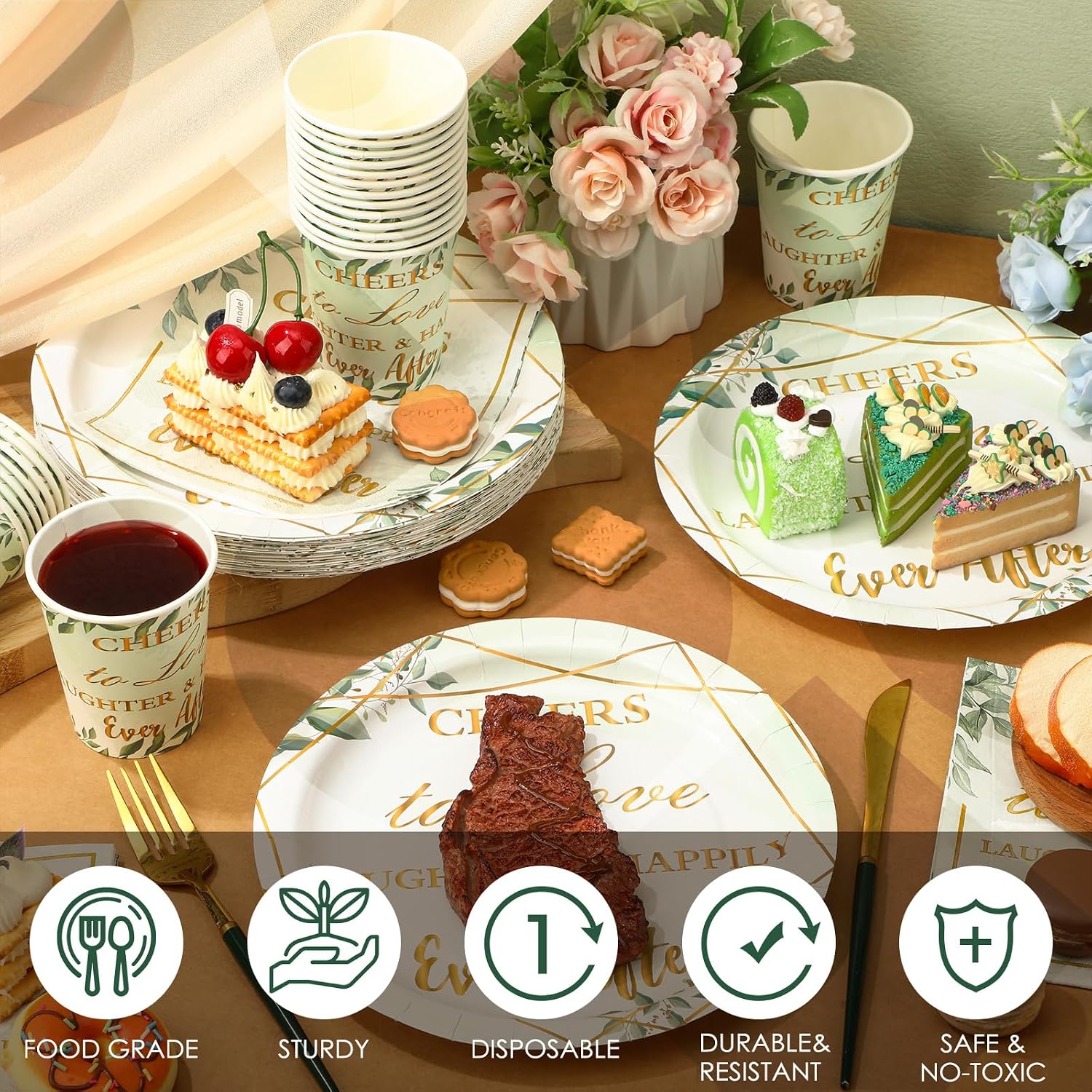 Hushee 200 Pcs Eucalyptus Leaves Bridal Shower Paper Plates Napkins Cups Cheers to Love Party Favors Disposable Sage Green Tableware Set for 50 Guest Wedding Engagement Decoration