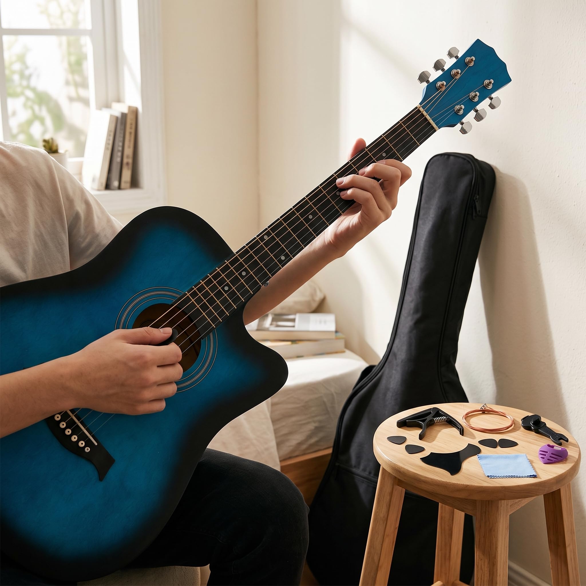 Acustica per Principianti, Kit Completo con 18 Tasti, Strumento Musicale in Legno, Chitarra acustica 38 pollici, colore blu sfumato, con accessori