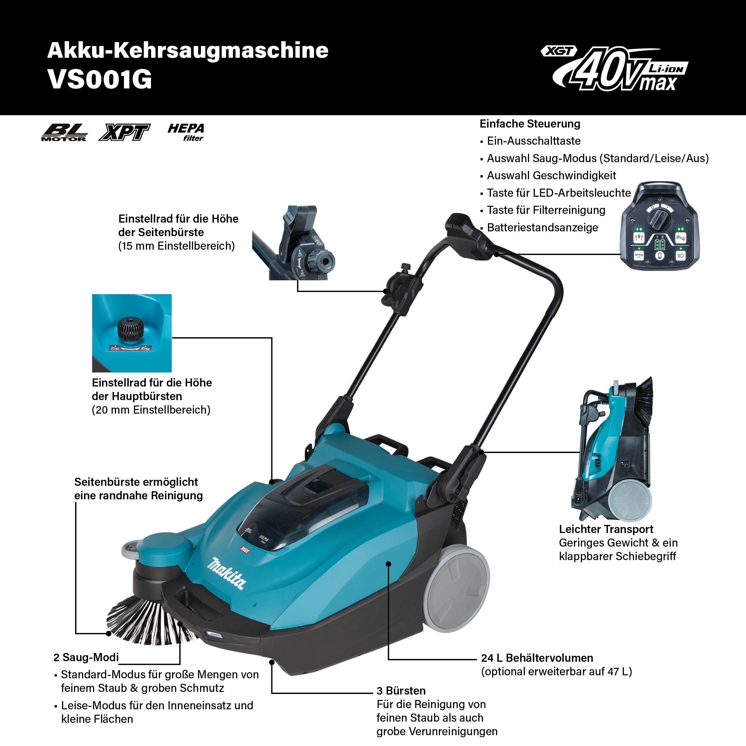 Makita VS001GZ Akku-Kehrsaugmaschine 40V max. (ohne Ladegerät und Akkus)