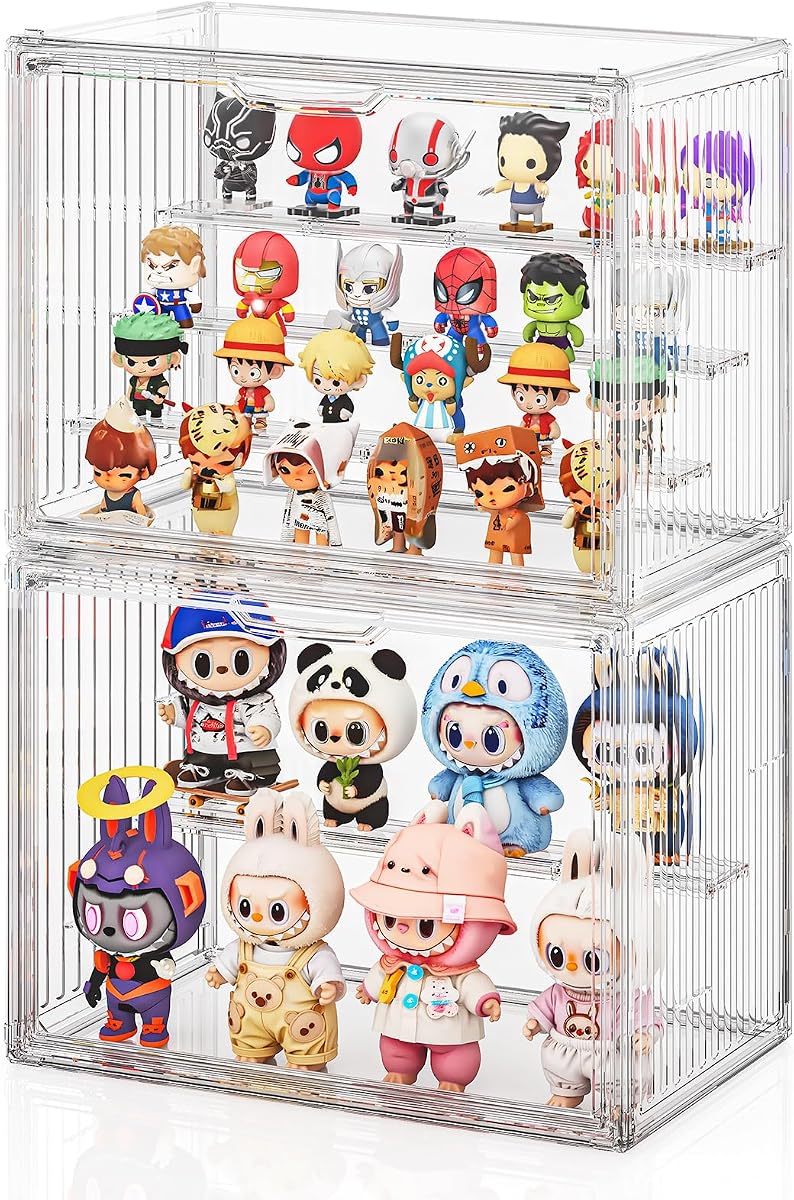 Acrylic Display Cases for Collectibles 2 Packs 4 Layer Adjustable Clear Figure Display Case with Magnetic Door Stackable Collectible Display Box with 3 Movable Plates Blind Box Case - Large