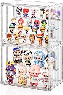 JOYZAN Acrylic Display Cases for Collectibles 2 Packs 4 Layer Adjustable Clear Figure Display Case with Magnetic Door Stackable Collectible Display Box with 3 Movable Plates Blind Box Case