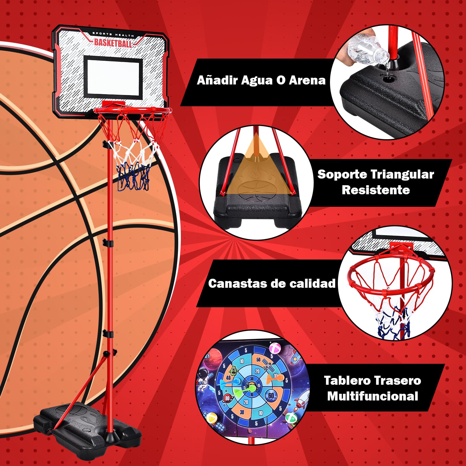 Herenear Canasta de Baloncesto para Niños, Altura Ajustable 107-193 cm, 2 en 1 Baloncesto y Dardos, Interior y Exterior, Portátil con Base Ponderada, para Niños de 3 a 8 Años