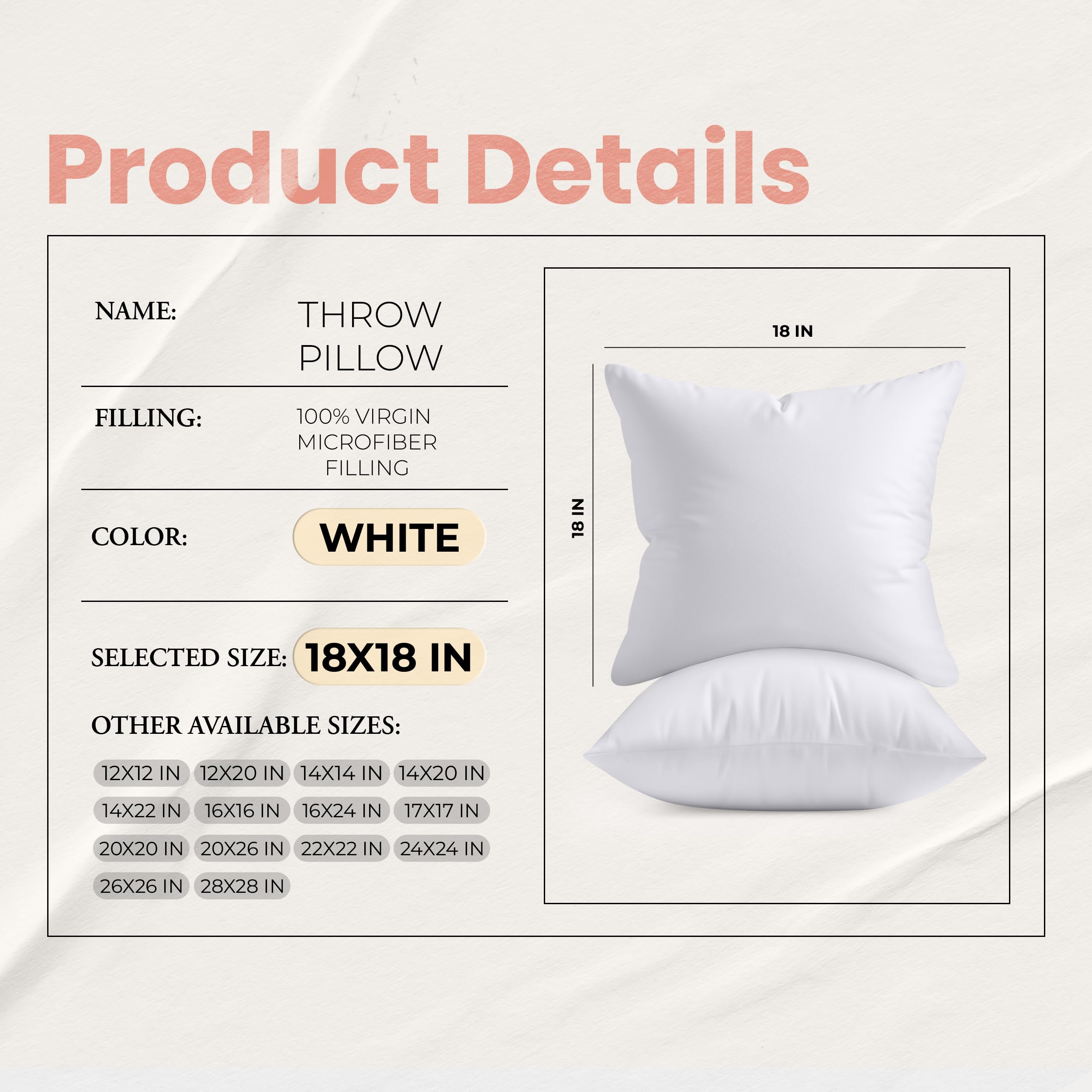 18x18 White Pillow Inserts, 2 Pack I17820