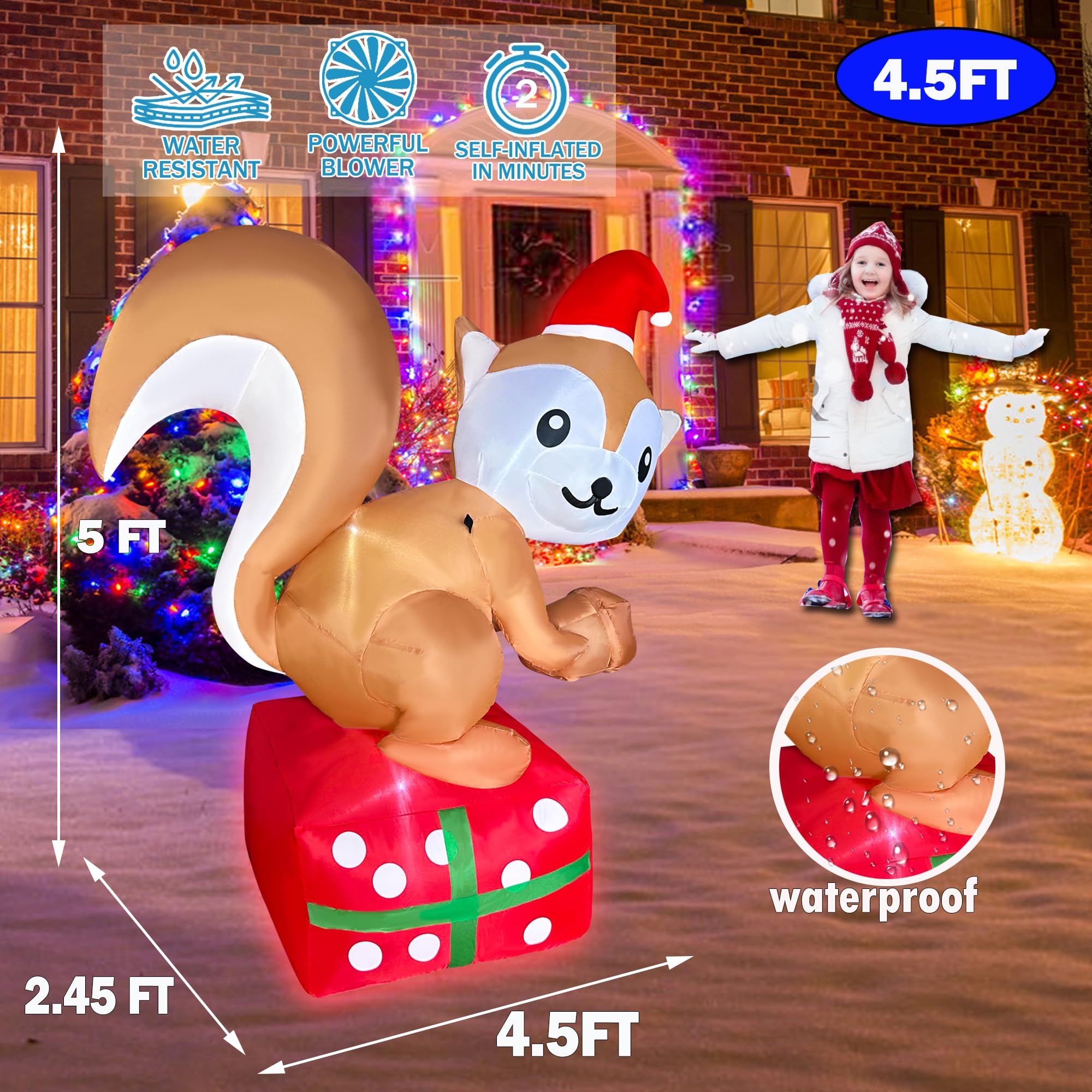 JOYEASE Écureuil gonflable de Noël de 1,5 m debout sur une boîte cadeau, décorations de Noël gonflables à DEL pour fête, intérieur ou extérieur