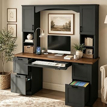 Computer Desk with Hutch, 69" H Farmhouse Arched Executive Desk with Charging Station, Pull-Out Keyboard Tray, File Drawer and Storage Cabinets for Home Office, Walnut and Black