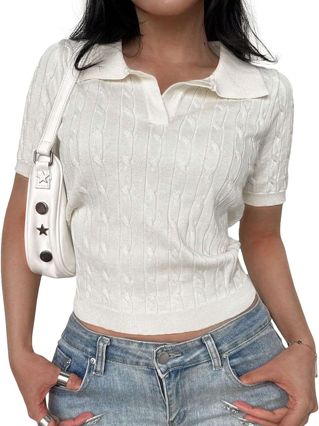 BAIGRAM Women Short Sleeve Cable Knit Lapel Neck Polo T Shirt Y2K Clean Fit Crop Sweater Tshirt Vintage Summer Going Out Tops