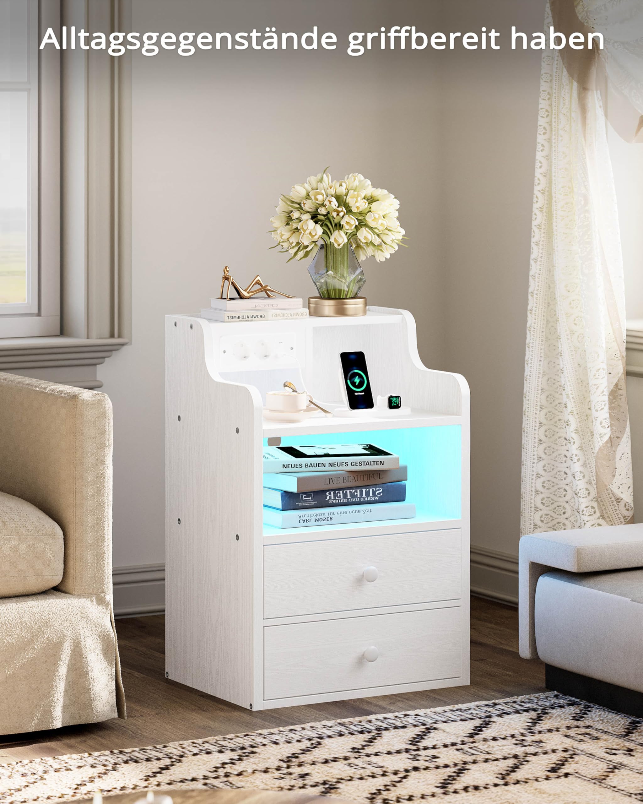 IRONCK Nachttisch LED mit Steckdose und Ladefunktion, Beistelltisch Holz, Nachtschrank mit 2 AC, 1 USB& 1 Type-C Anschlüsse, Sofatisch mit 2 Schubladen, Nachtkästchen Wohnzimmer,Schlafzimmer, Weiß