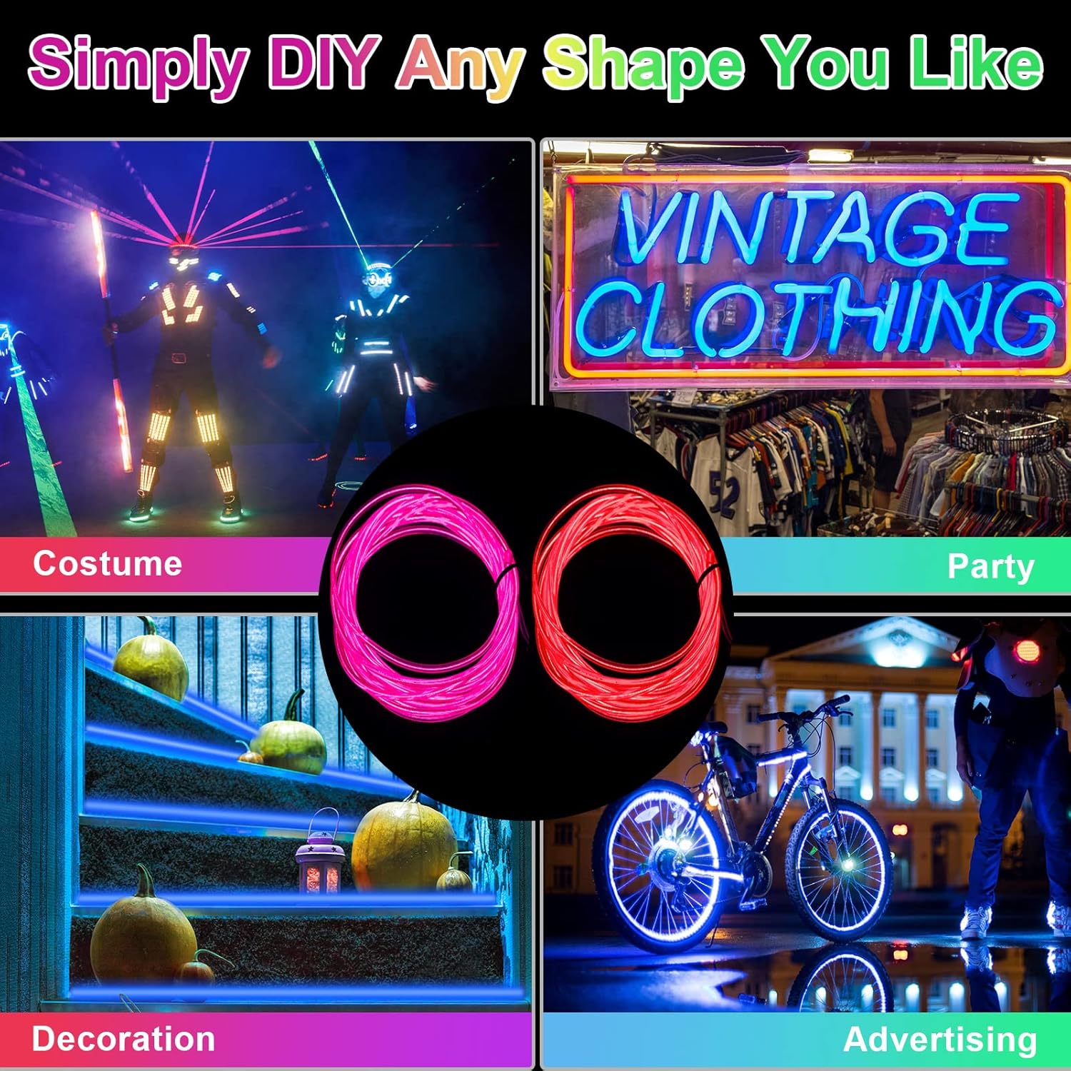 Tuanse 10 Pack EL Wire 9.8 ft LED Wire Lights with Battery Pack Portable Neon Lights Cuttable Glowing Strobing Electron Luminescent LED for Party DIY