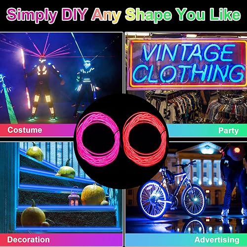 Miniatura 5 de Tuanse Paquete de 10 luces LED de cable EL de 9.8 pies con batería, luces de neón portátiles, cortables, brillantes, estroboscópicas, electrones