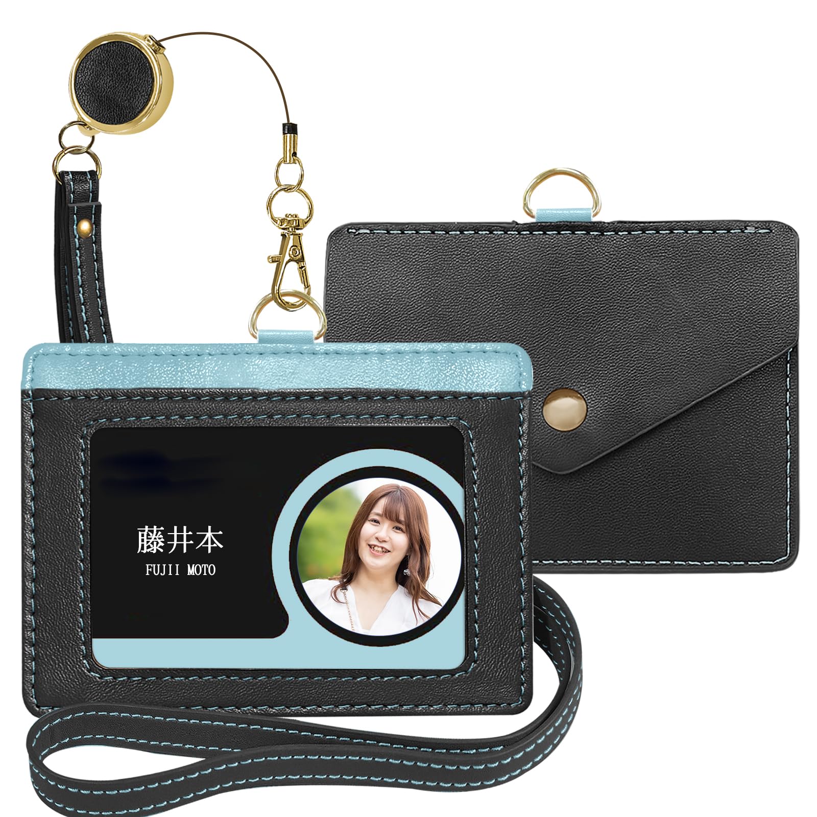 [X-Lounge] ID カードホルダー ネームホルダー 本革 横型 両面用 社員証 名札入れ 定期入れ パスケース カードケース ネックストラップ付 2つポケット (青)