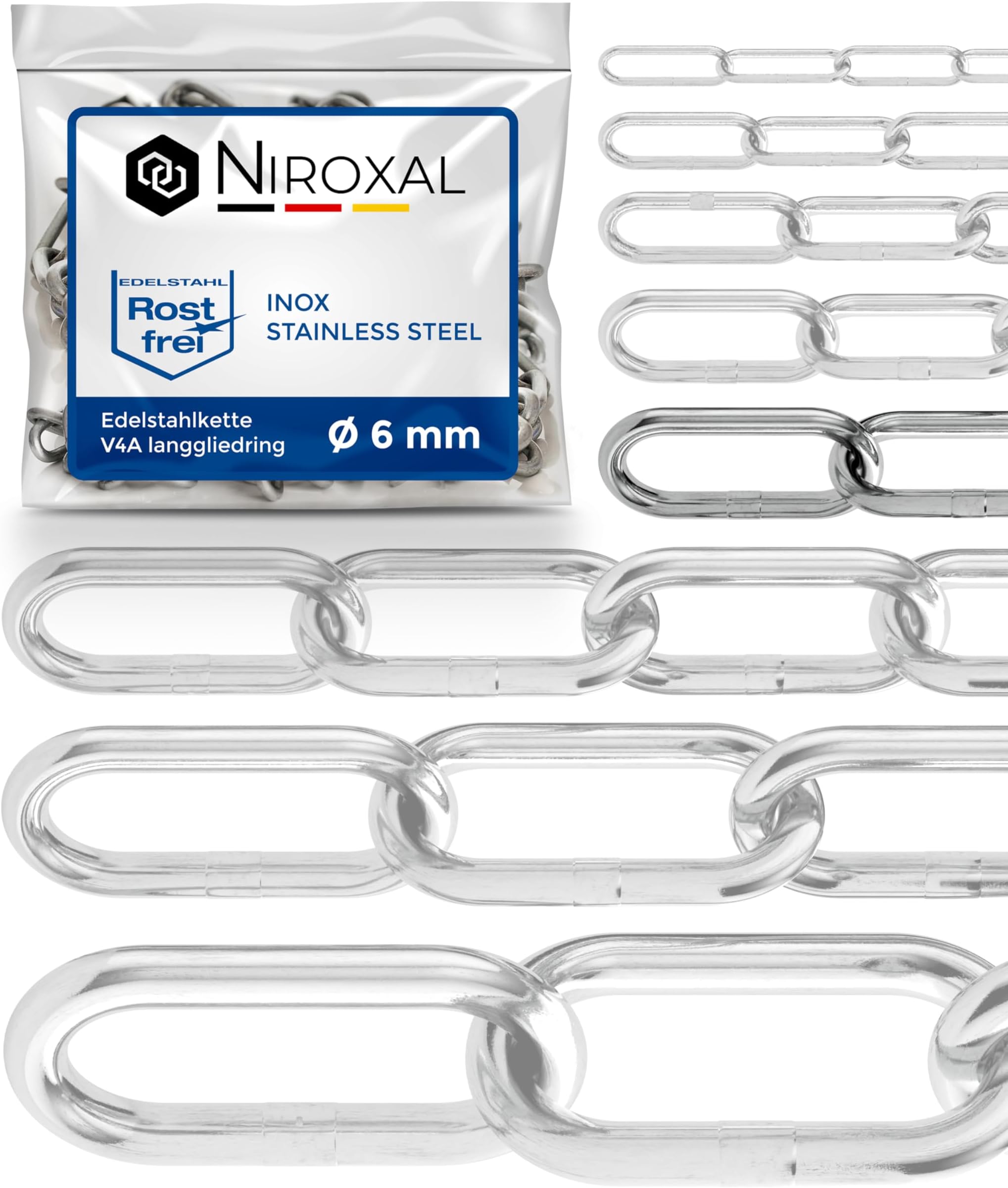 3 pieces 25 cm = 0.25 m 6 mm thick stainless steel chain V4A long links on piece anchor chain DIN 5685 DIN 763 sold by the metre stainless steel Niro inox link chain barrier chain buoy chain 0.25 m