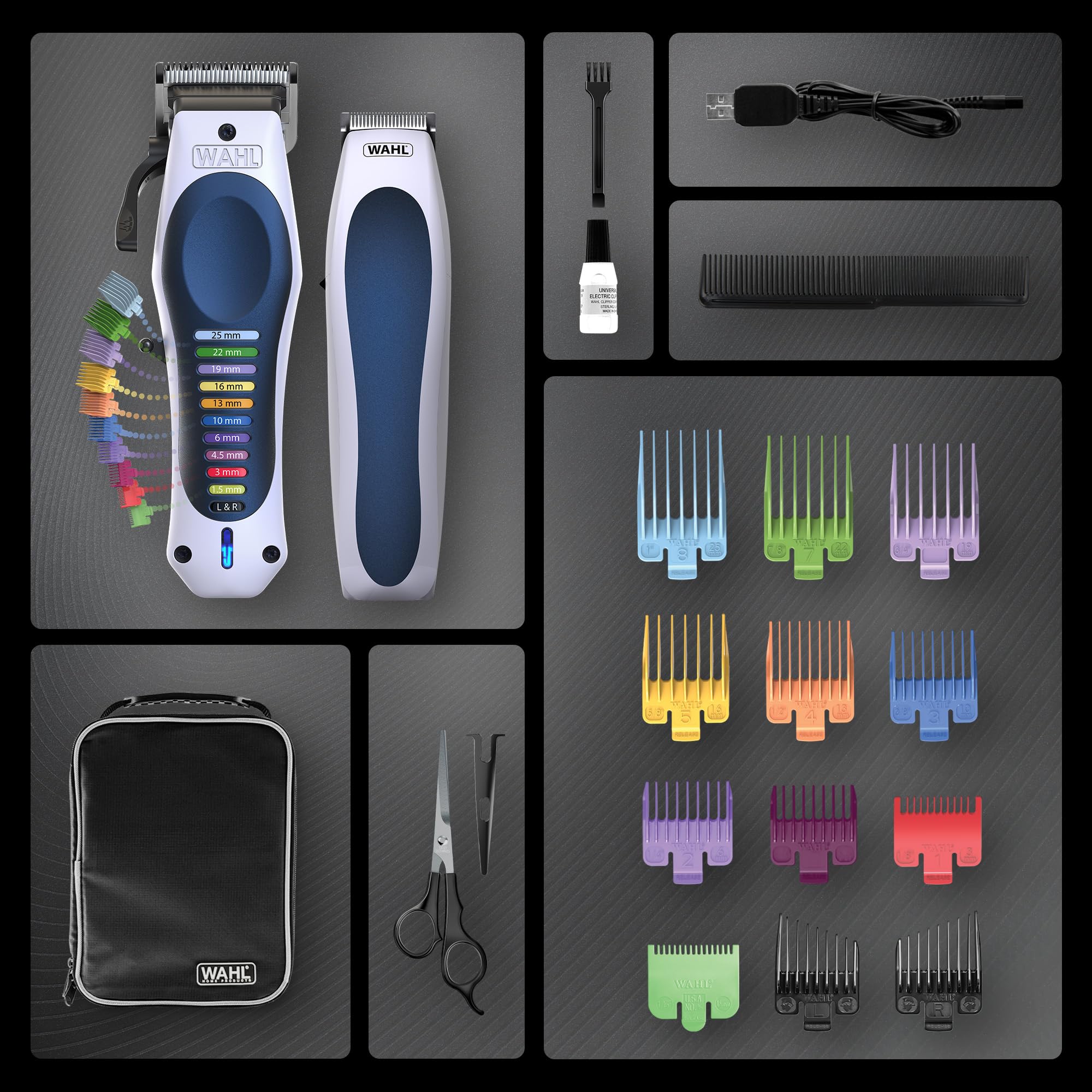 WAHL Color Pro Lithium Combi Kit, Kompletny Zestaw do Strzyżenia Włosów, Dźwignia do Płynnej Regulacji Długości Cięcia, Wydajny Akumulator, Trymer do Pielęgnacji Zarostu, Nożyczki i grzebień