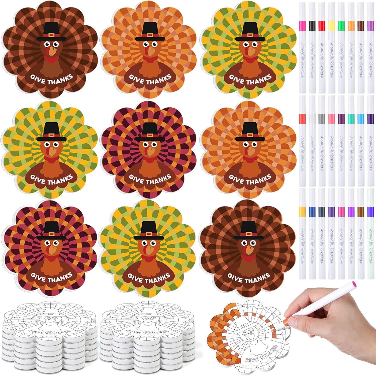 LemonRoad 12 Pcs Thanksgiving DIY Turkey Coasters Crafts to Paint Color Your Own Ceramic Coasters with Cork Base and 24 Markers Absorbent for Thanksgiving Holiday Party Table Decoration
