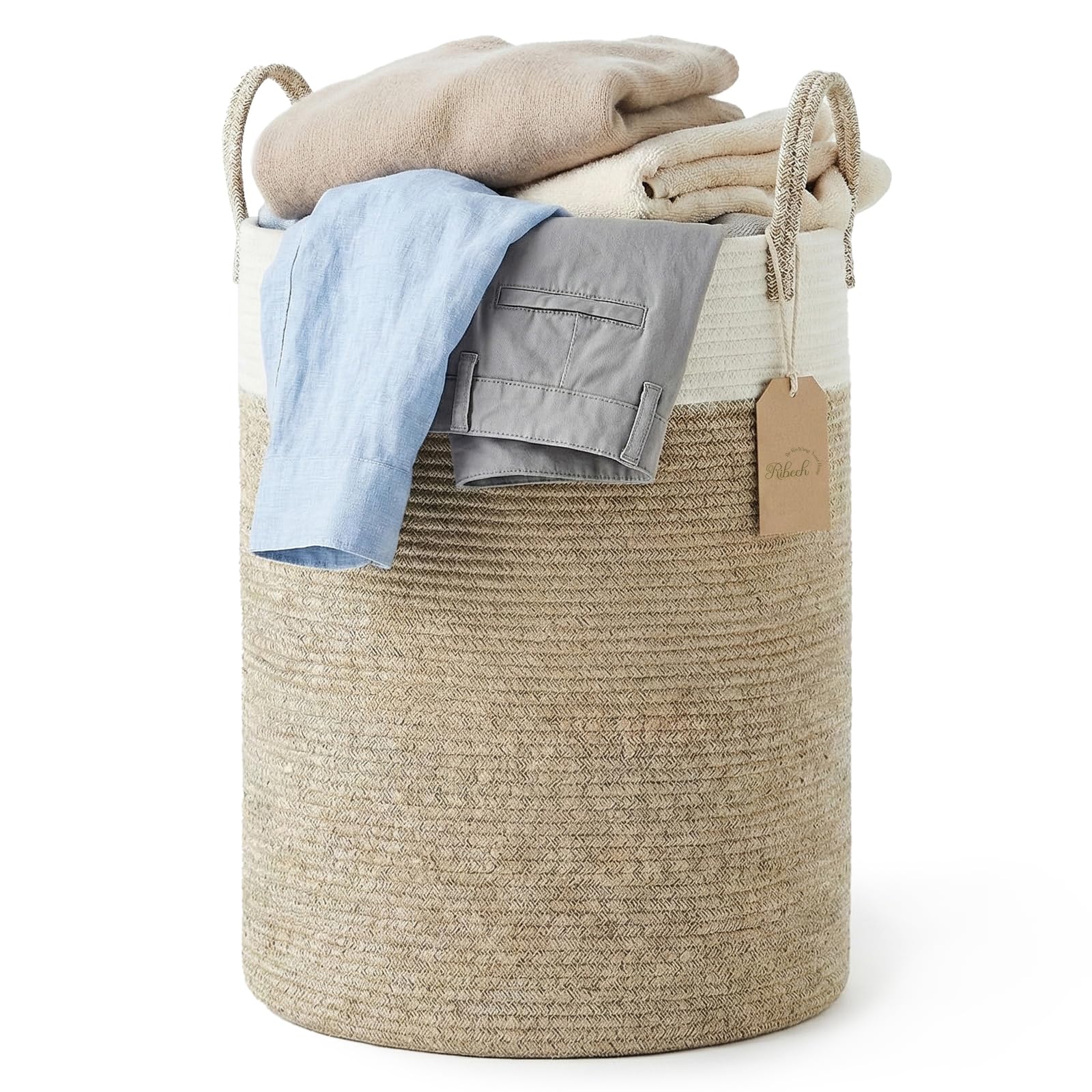 Cesta para Ropa en Cuerda Trenzada, 58L Gran Cesta de Almacenamiento – Dos Tostados Marrón & Blanco, con Asas para Dormitorio, Salón & Cuarto Infantil (38x38x50 cm)