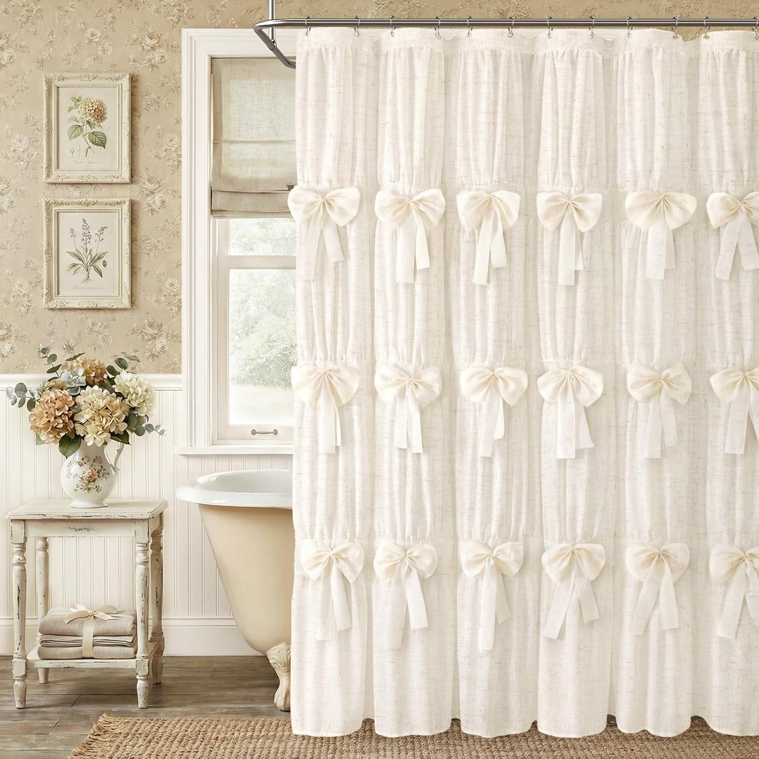 Farmhouse Bows Shower Curtain Cute Vintage Ruffle Shower Curtains for Bathroom,Cream,72" W x 84" L
