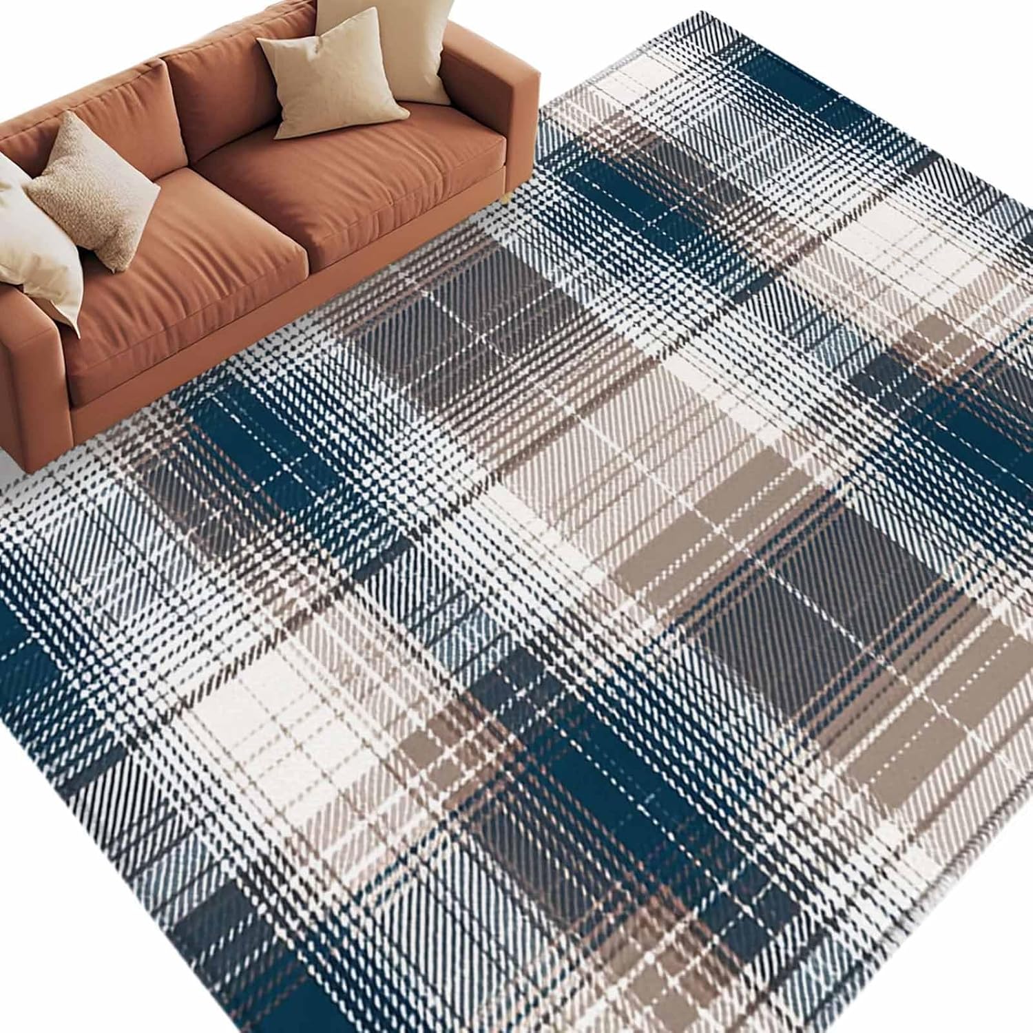 Vintage Plaid Area Rugs 5x7 ft Brown Navy Plaid Texture Abstract Art Washable Rug Non Slip Indoor Carpet Absorbent Floor Mat for Living Room Bedroom Dining Room