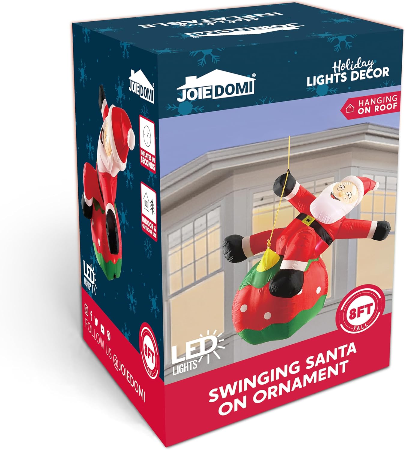 Joiedomi 8 FT Tall Christmas Inflatable Santa Swinging on Christmas Ornament, Blow Up Hanging Santa Outdoor Decoration with Build-in LEDs for Xmas Party Decor Yard Garden Indoor Holiday Decoration