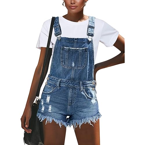 LookbookStore Women's Ripped Denim Bib Overall Shorts Raw Hem Shortall Jeans