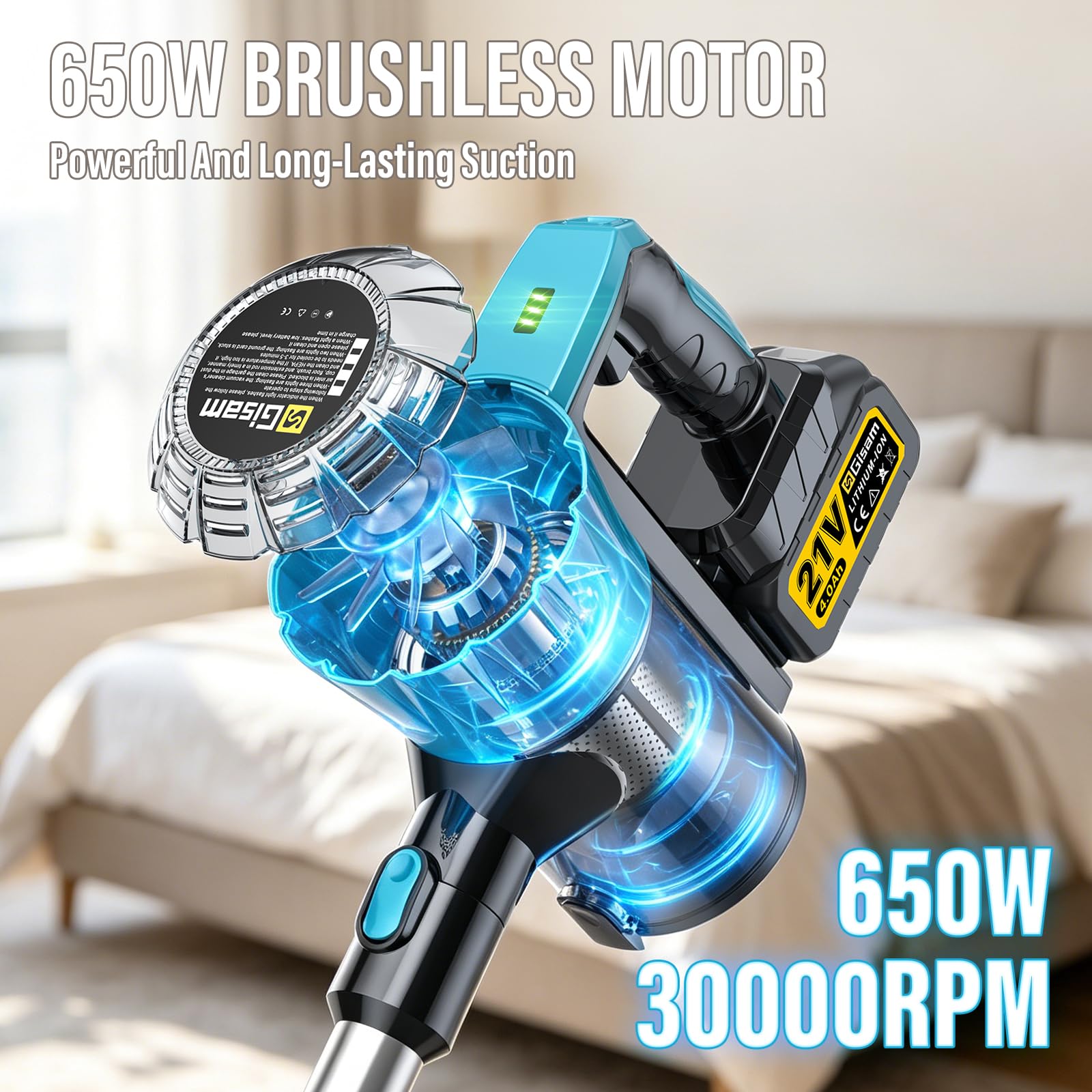 Gisam Aspiradora inalámbrica 55000 Pa/650 W/70 min, motor sin escobillas, con tres cabezales de cepillo diferentes, 1,6 L, cepillo antienredos, de pie para pelo de animales, alfombras, suelos duros