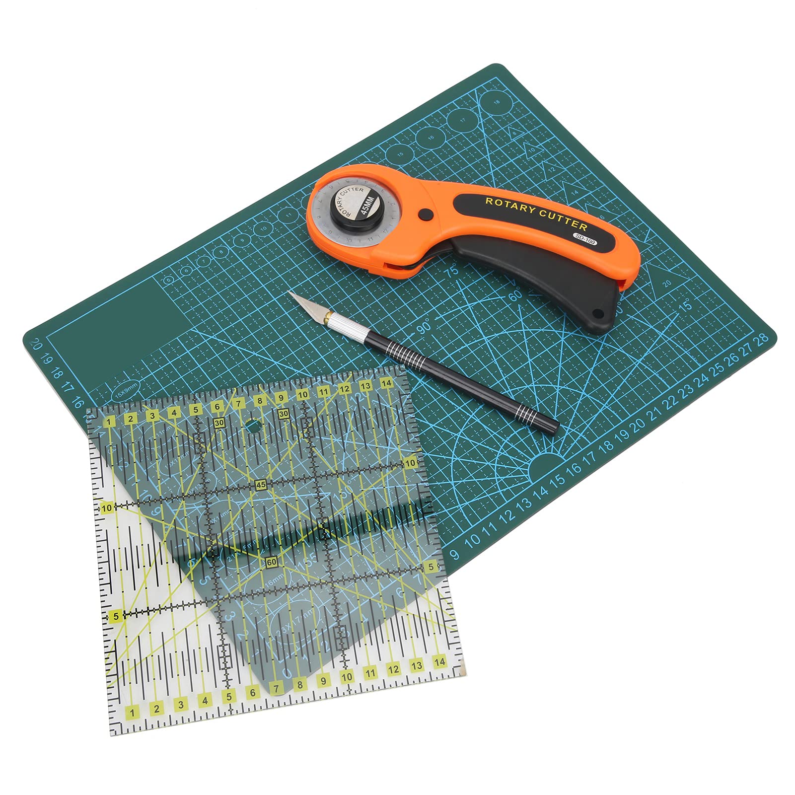Rollschneider-Set mit selbstheilender A4-Schneidematte, 5 Ersatzklingen und Werkzeug-Aufbewahrungstasche für Lederschnitzerei, Gravur, Stoffkunst, Patcharbeiten, Nähen und