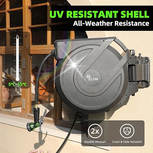 Miniatura 9 de Carrete de manguera de jardín retráctil de 58 pulgadas x 100 pies, carrete de manguera automático con boquilla de 7 patrones, bloqueo de cualquier