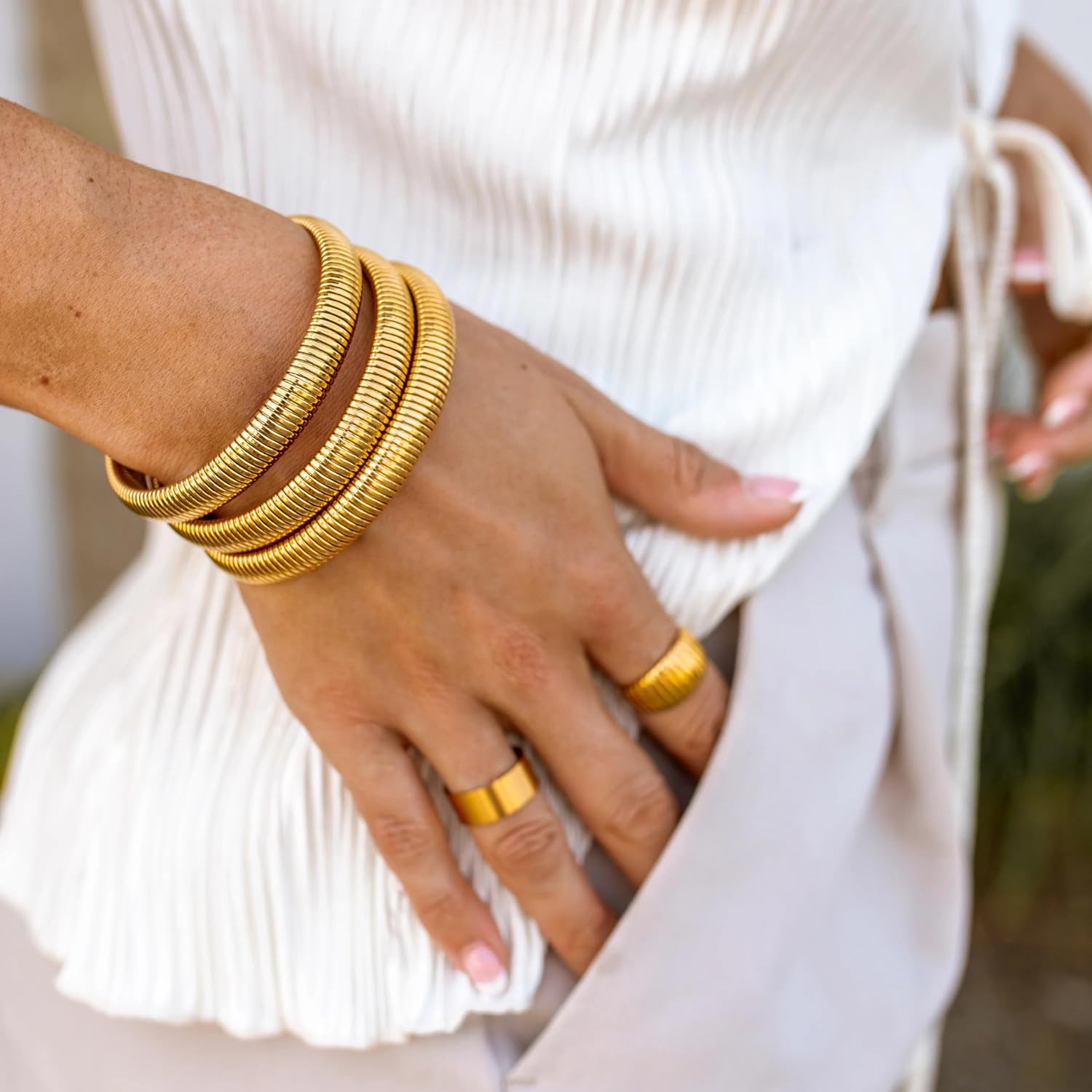 CONRAN KREMIX Gold Chunky Bangle Waterproof Bracelets for Women 14K Real Gold Filled Stainless Steel Bracelet Non Tarnish Trendy Jewelry - Image 2