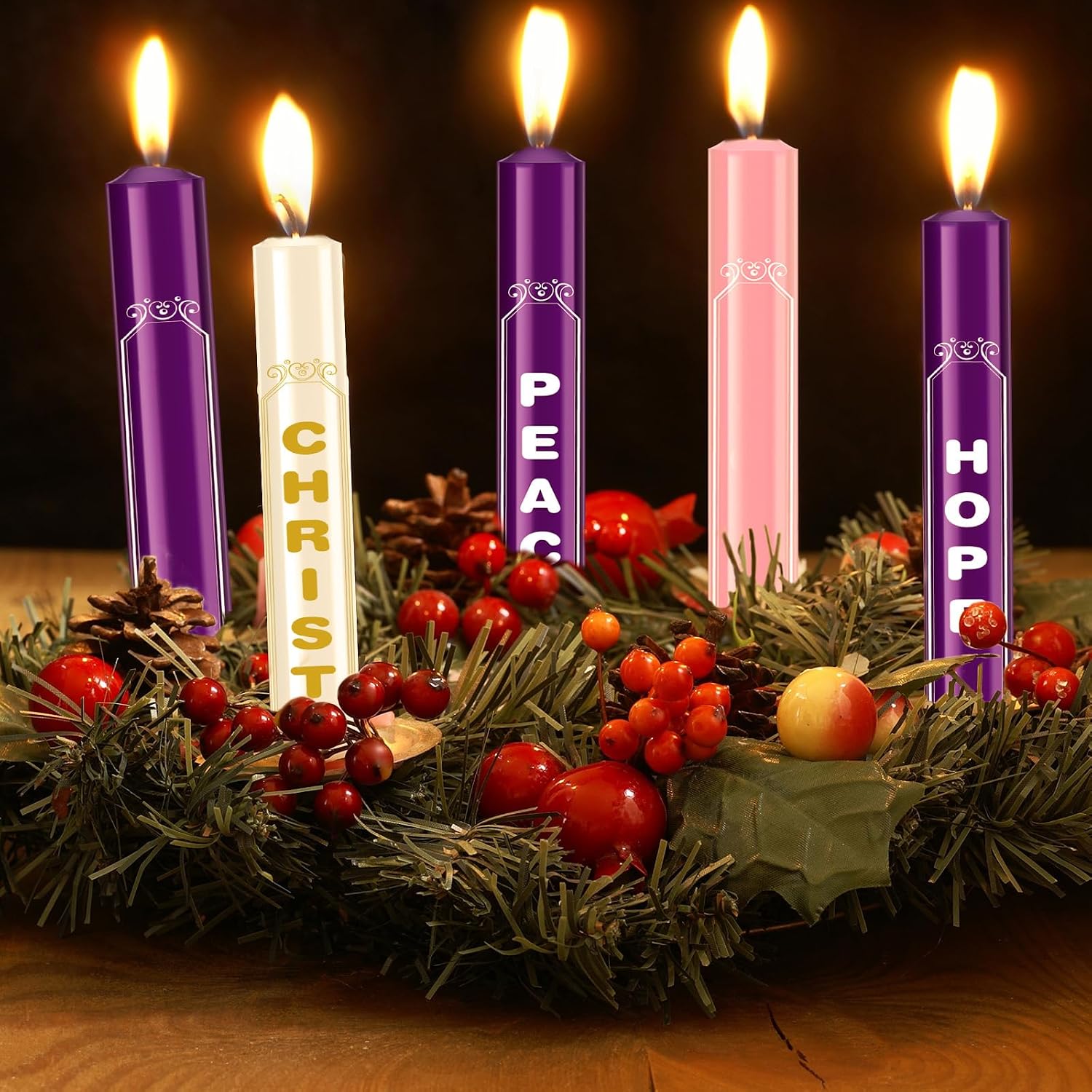 Tondiamo 5 Pcs Advent Candles with Words, Purple White Pink Taper Candles