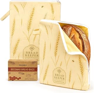 Beeswax Bread Bags 2 Pack, 17 x 13 in, Sourdough Bread Storage | Waterproof beeswax lining, organic cotton exterior, food-safe BPA-free design, freezer safe, reusable and easy to clean