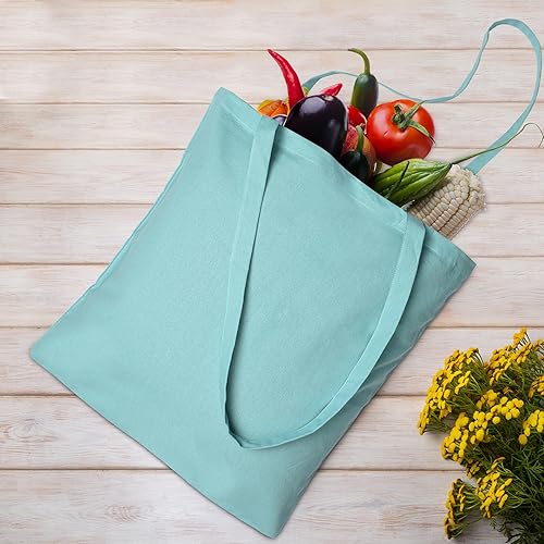 Miniatura 5 de Urban Villa Paquete de 48 bolsas de comestibles reutilizables de 15 x 16 pulgadas con mango largo de 27 pulgadas, color aguamarina, 100% algodón,