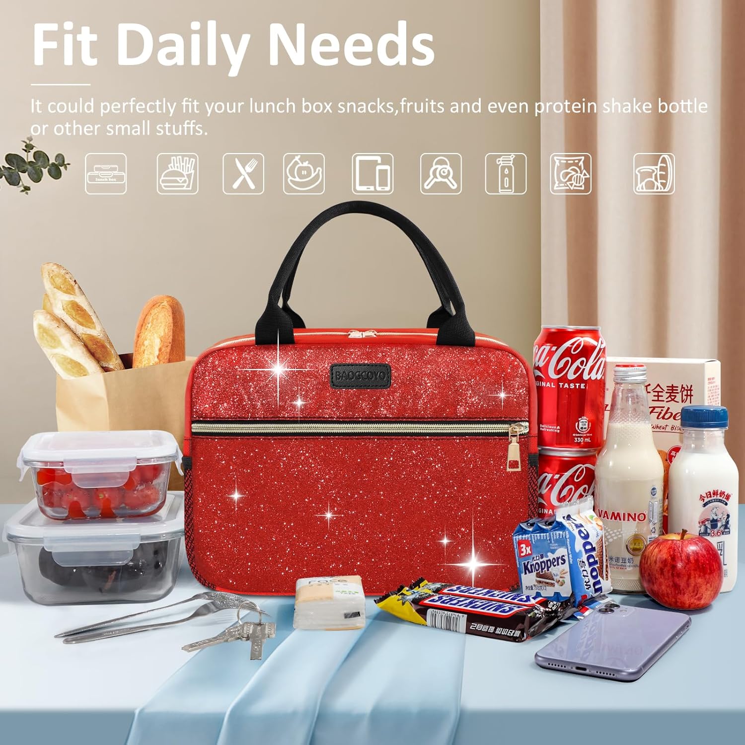 Lunch Bag For Women, Leakproof Glitter Lunch Box, Cute Lunch Tote Bag Adult, Large Capacity Insulated Reusable Cooler Lunch Containers for Work Travel Picnic or Office (Red Bling Sparkle) - Image 3