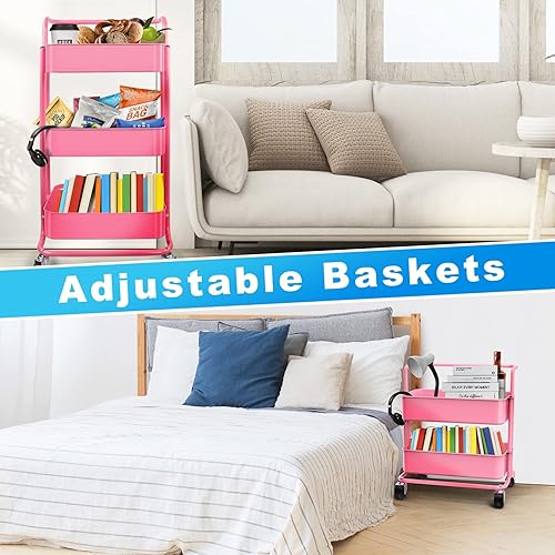 Miniatura 8 de Carrito utilitario de metal de 3 niveles, organizador de malla con asa y ruedas con bloqueo, carrito de almacenamiento multifuncional para cocina,