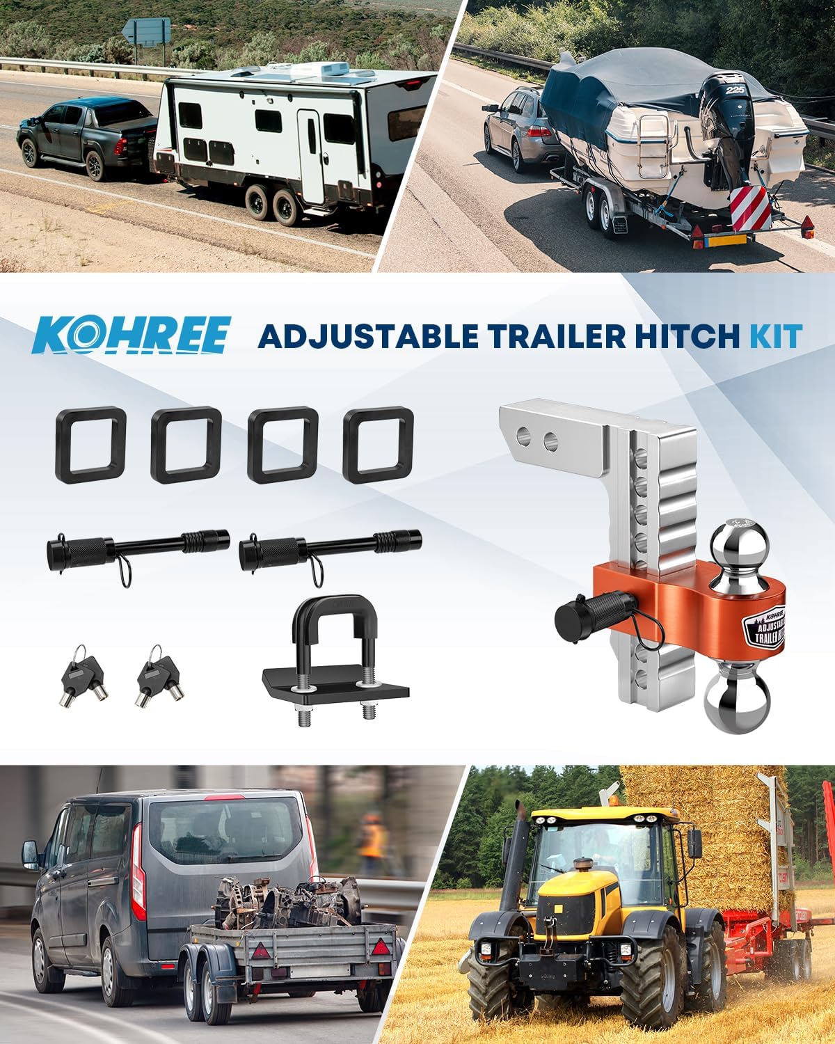 Kohree Adjustable Trailer Hitch with Anti Rattle Hitch Clamp Fit 2 Inch Receiver, Dual Ball 2" and 2-5/16"(12,500 LBS GTW), 8" Drop & Rise Heavy Duty Aluminum Tow Hitch with 2 Locking Hitch Pin