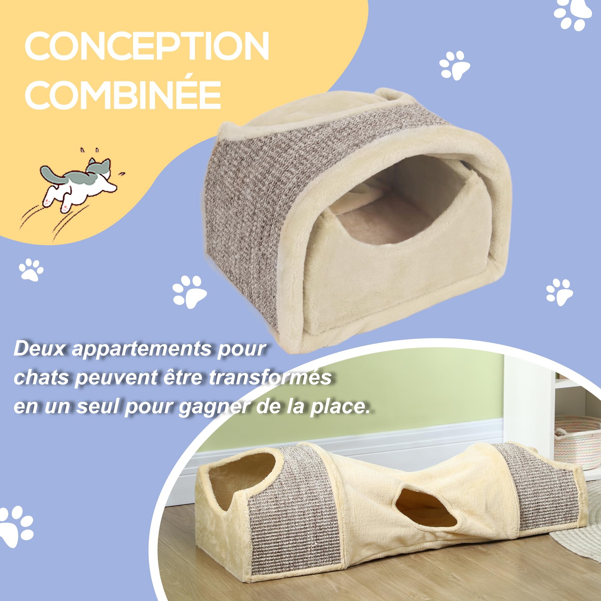 PawHut Tunnel per gatti in peluche 107x38x29 cm Beige+Grigio | Con 2 case, 3 aperture, Tunnel da gioco pieghevole (sisal), Design combinato
