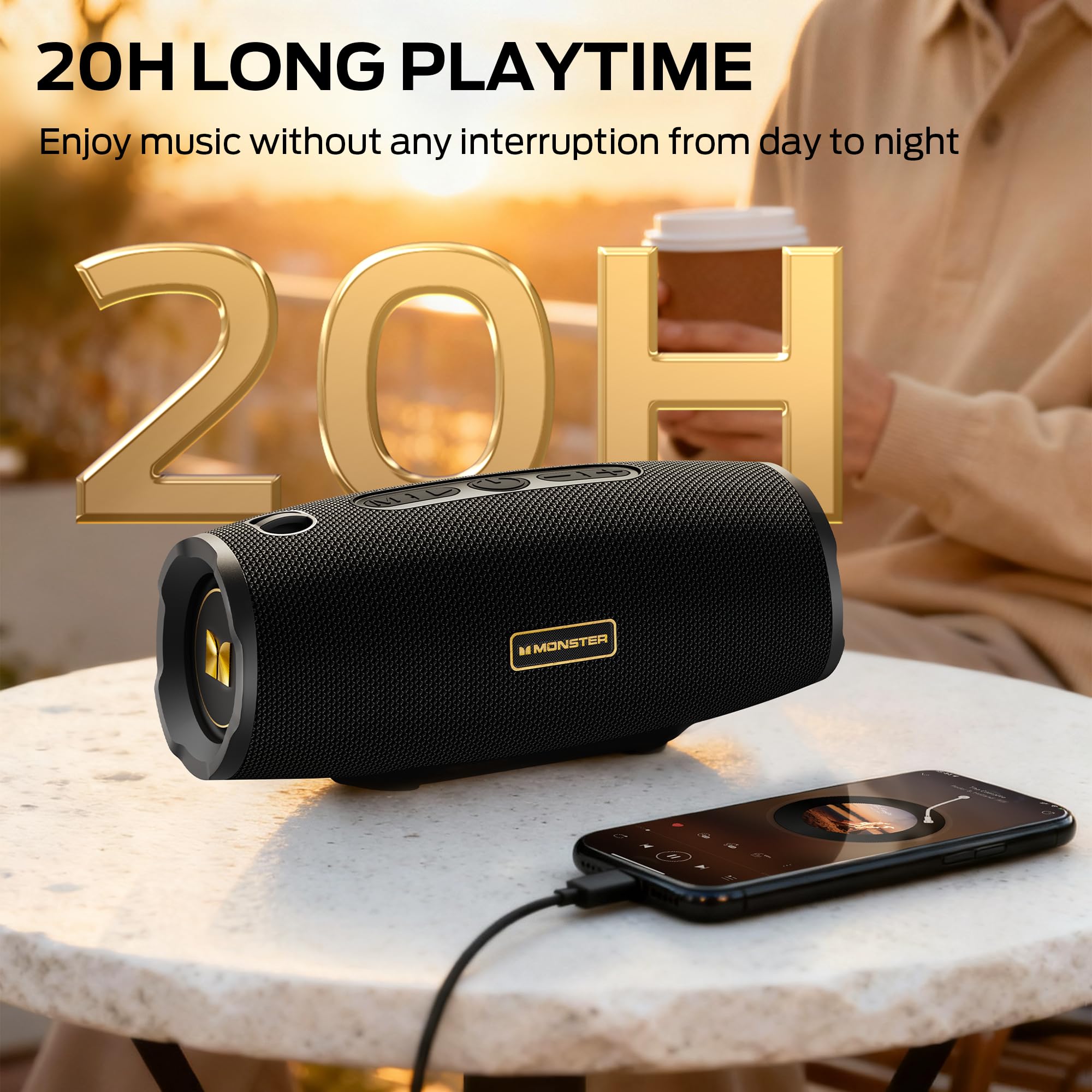 Monster S380 Bluetooth Speaker, Portable Speaker with 40W Stereo Sound, Bluetooth 6.0, 20H Playtime, TWS Pairing, Support AUX/TF Card, IPX6 Waterproof Wireless Speaker for Home, Travel, Outdoor - 5