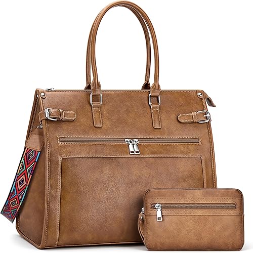 Bolsa de mano para computadora portátil para mujer, maletín para laptop, bolsas de trabajo para computadora de 15.6 pulgadas con bolso Marrón,Marrón