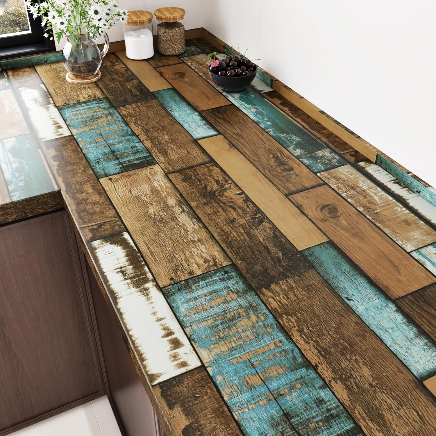Weathered Butcher Block Shiplap Peel and Stick Wallpaper Vintage Blue Brown Wood Contact Paper for Countertops Aged Farmhouse Wood Wallpaper for Backsplash Bathroom Wall Cabinets 17.5"x118"