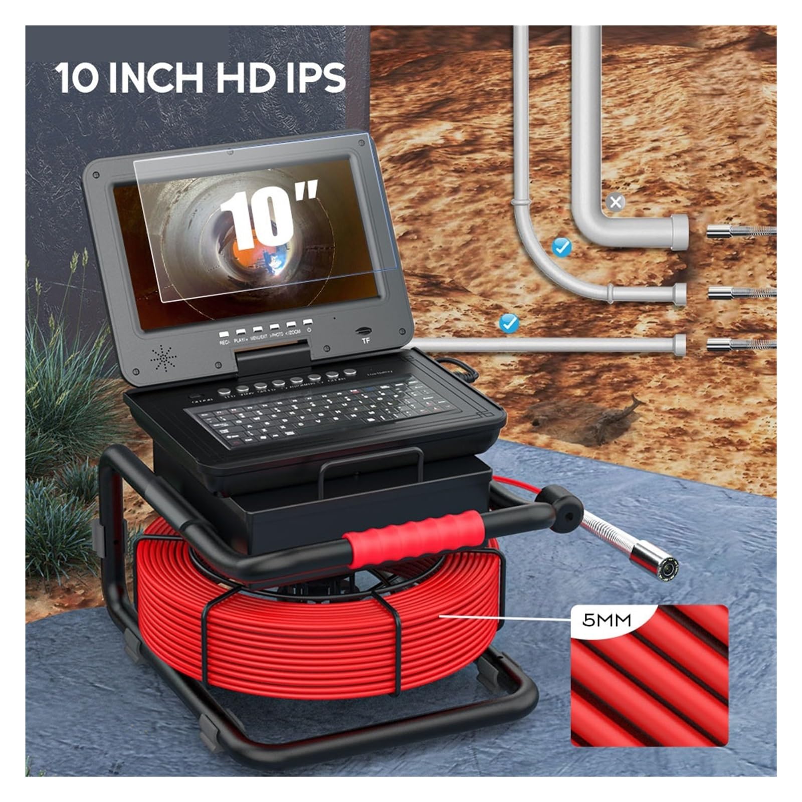Cámara de inspección de drenaje Cámara De Inspección De Tuberías De Alcantarillado DVR IPS 1080P De 10" Con (localizador De 512 Hz), Contador De Metros, Boroscopio, Ampliación De Imagen De 5X(50m,23MM